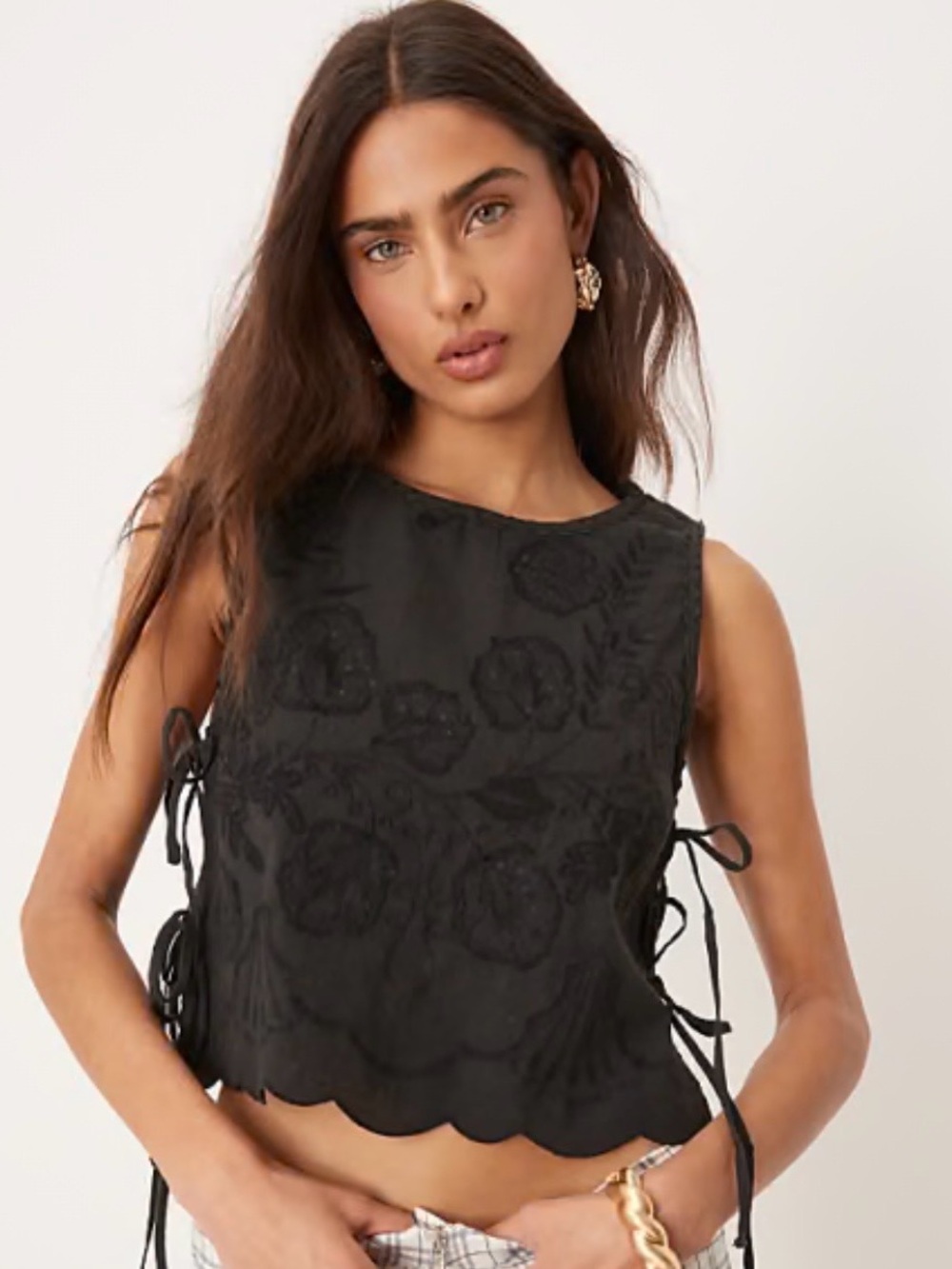 Free People Black Sleeveless Embroidered Tie-Side Crop Top